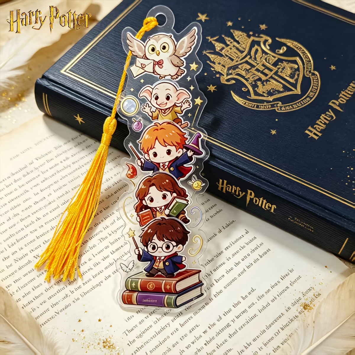 TEMU Marcapáginas Acrílico Harry Potter Q-Version, Hermione, Ron, Harry, Colección de Dibujos Animados, Marcapáginas con Borla, Clip para Libros de