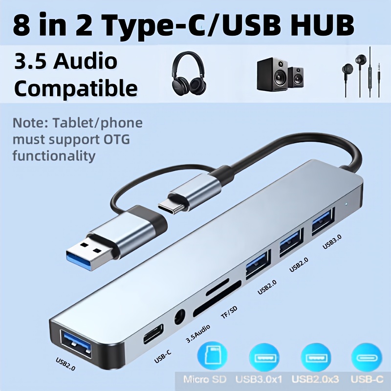 8 in 1 hub usb type c port multi functional docking station with usb 3 0 usb c sd tf 3 5mm audio supports smooth multi port collaboration suitable for video and audio output from phones tablets computers etc