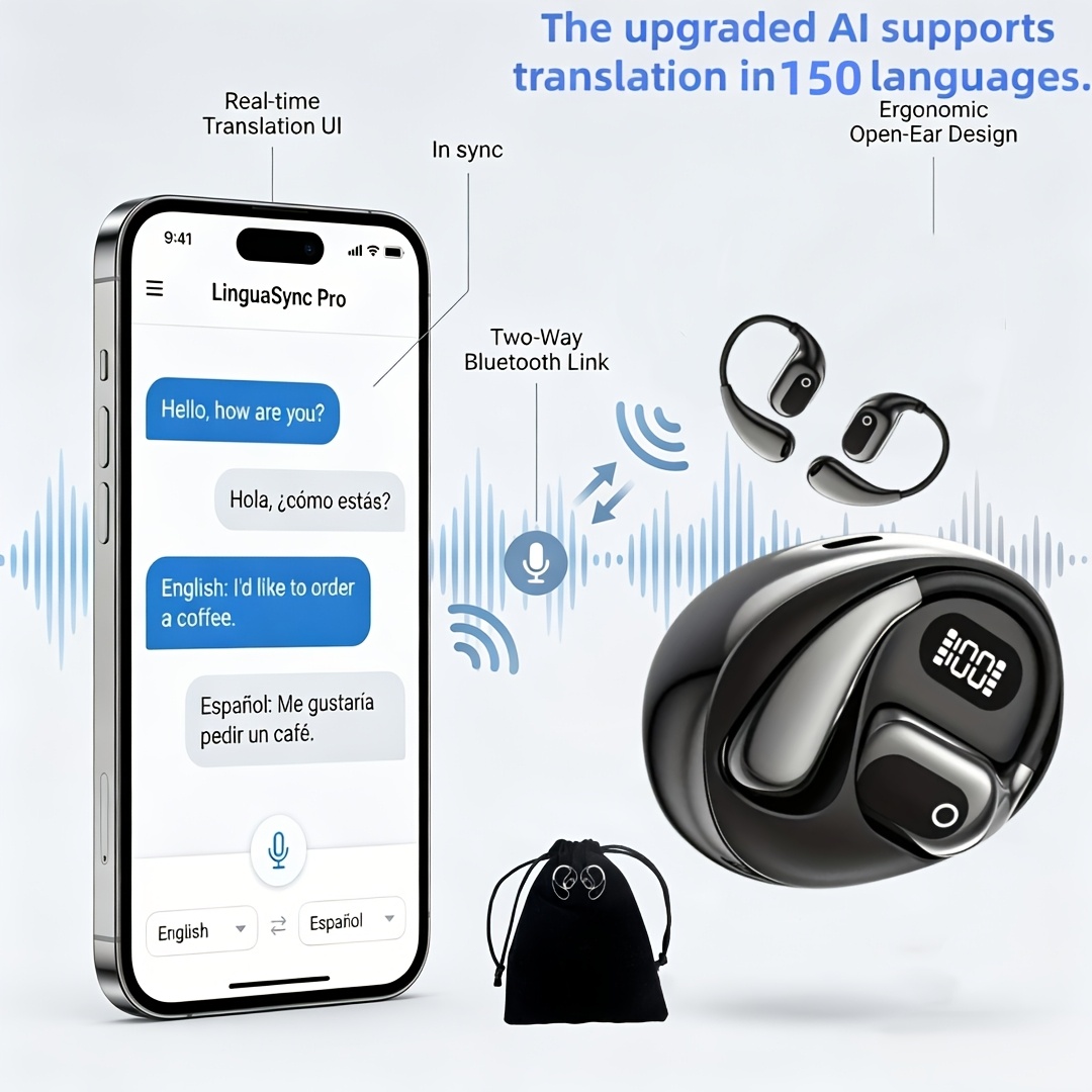 TEMU 150-language Ai Translator Earbuds Compatible For Smartphones/tablets/laptops, Wireless Low Latency Wireless Translation Headphones With Usb-
