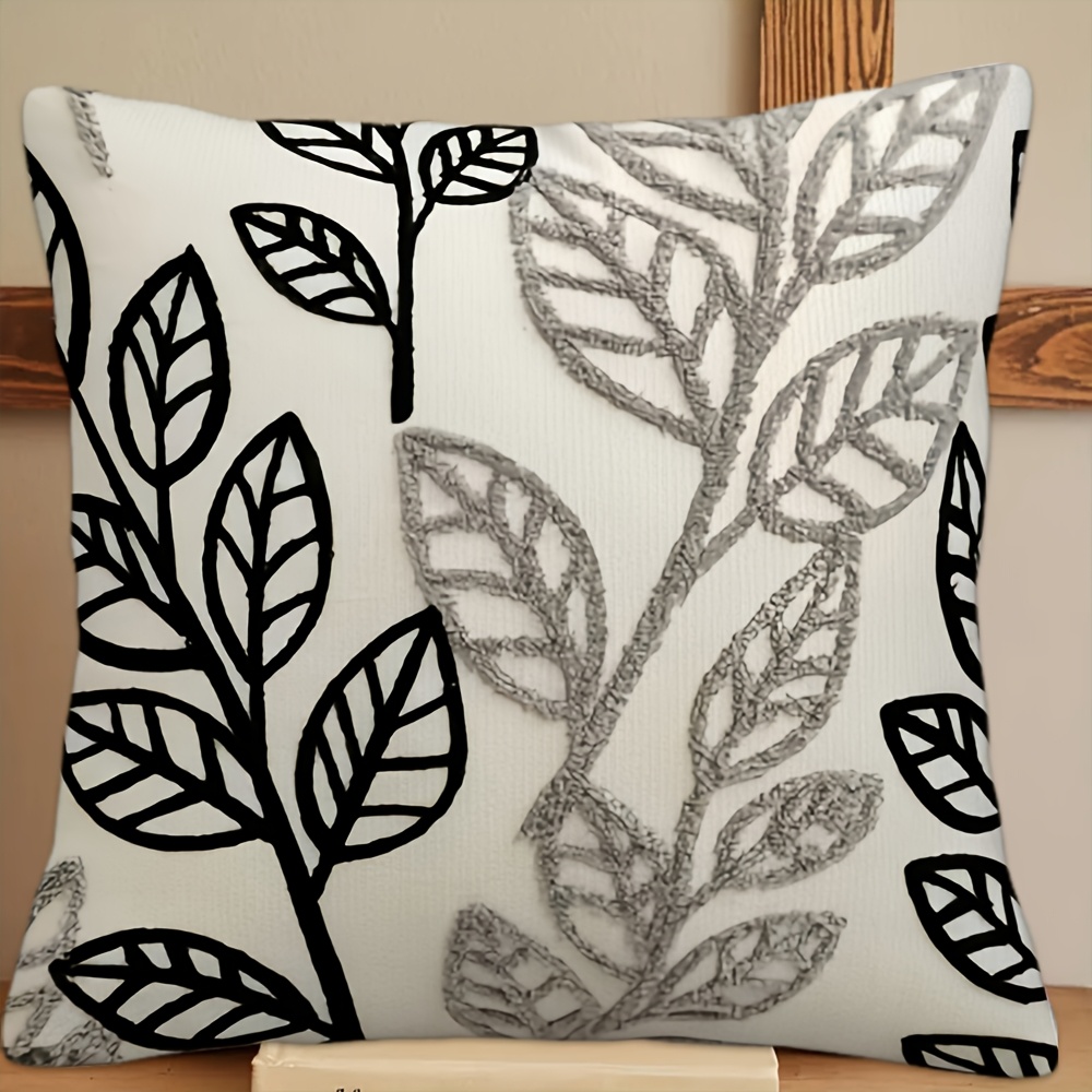 TEMU 1pc, Black And White Leaf Pattern Pillowcase, Polyester Material, No Pillow Insert, Exquisite Pattern Pillowcase, Reusable, Zipper Closure,