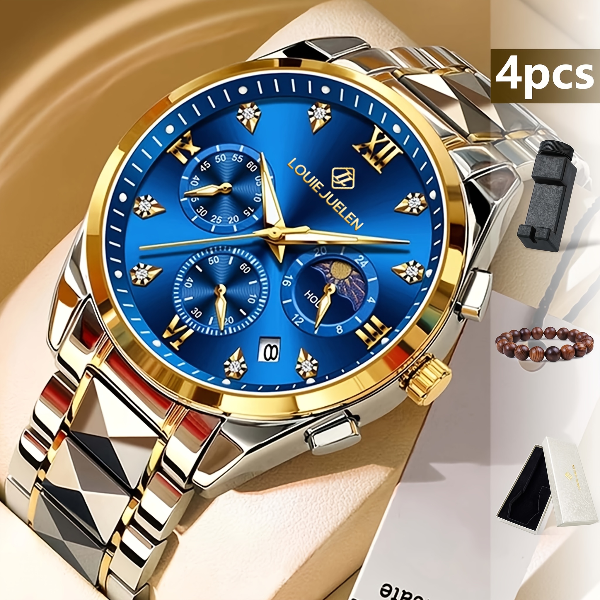 4pcs Men's Business Mechanical Watches - White Dial, Date Display, Stainless Steel - , Suitable For Business And Formal Wear, Gifts For Valentine's Day Or Father's Day