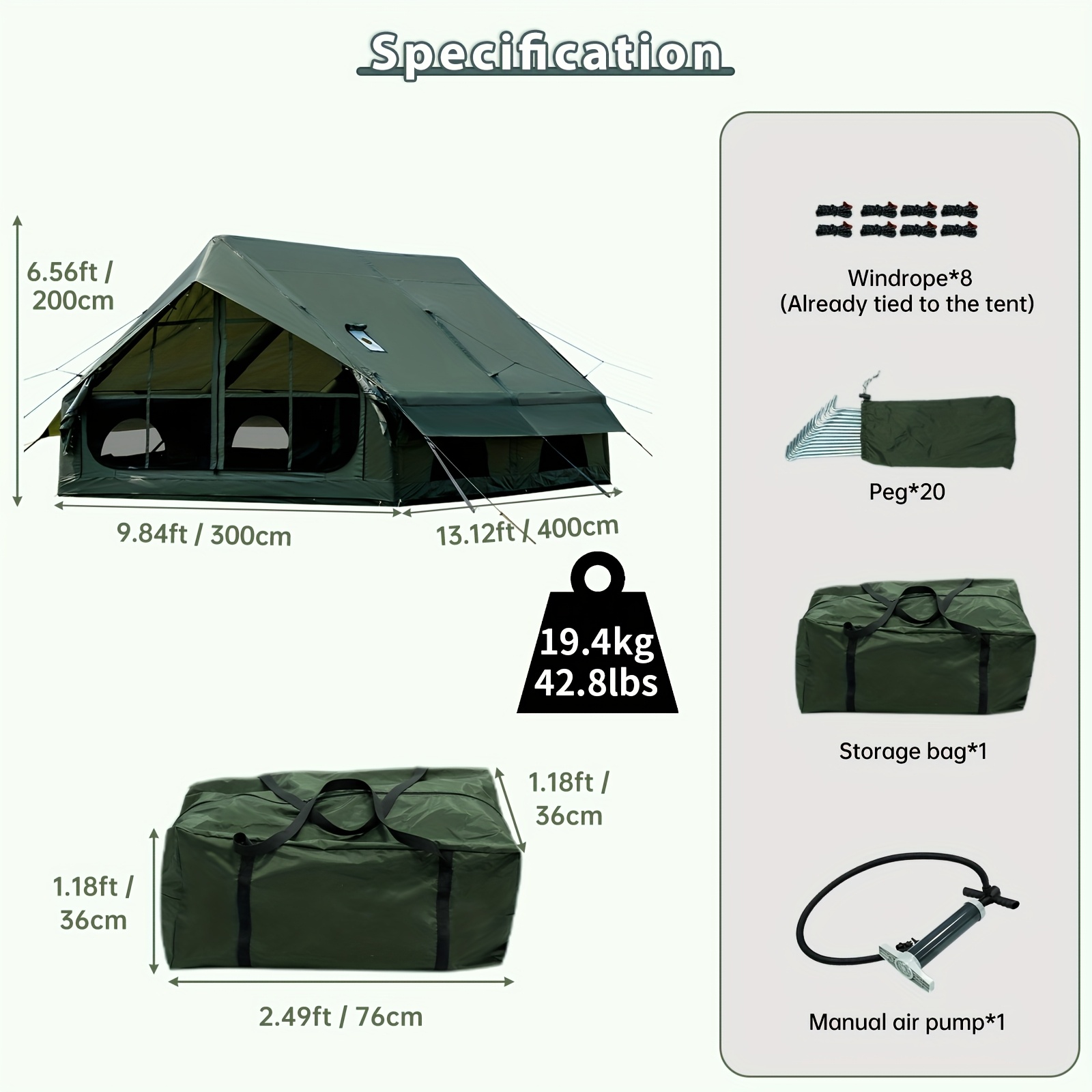 Inflatable Tent with Stove Jack for 3-4 Person, All-Season Self-Supporting Air Tents, Easy Setup Cabin Camping Tent with Mesh Windows for Outdoor, Family Camping