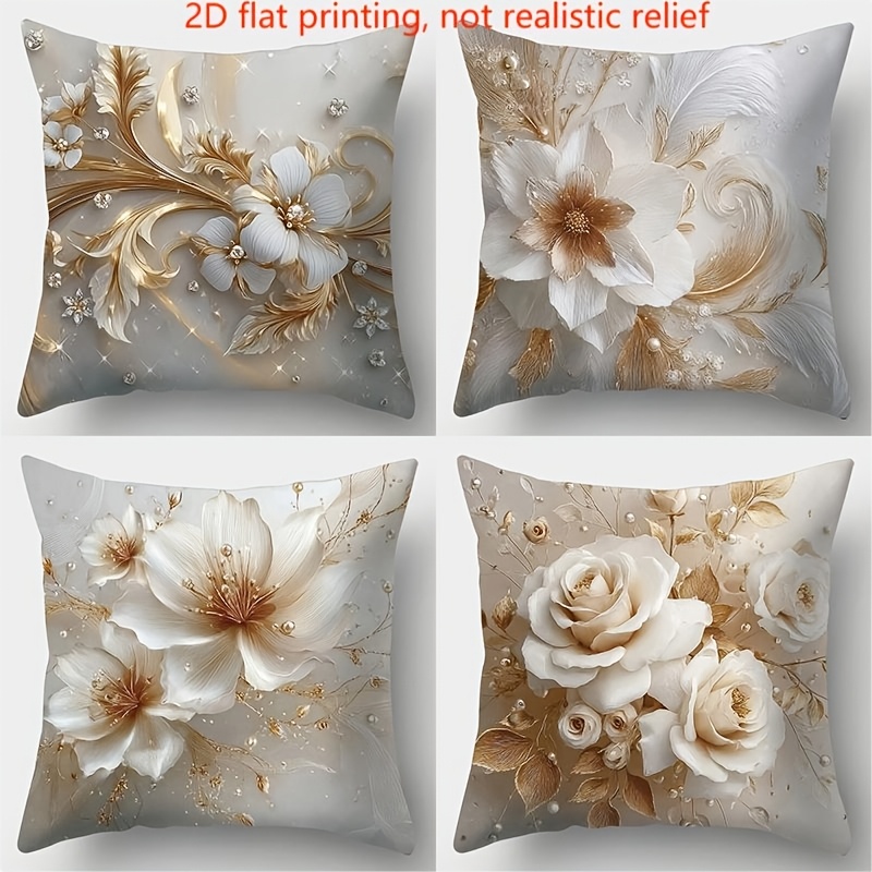 TEMU 2d Flat Printing, Not Realistic Embossed. Pillowcases, 4pcs Set, Floral Pattern, Accented With Golden Lines, Pearls, Feathers, Etc., Elegant And