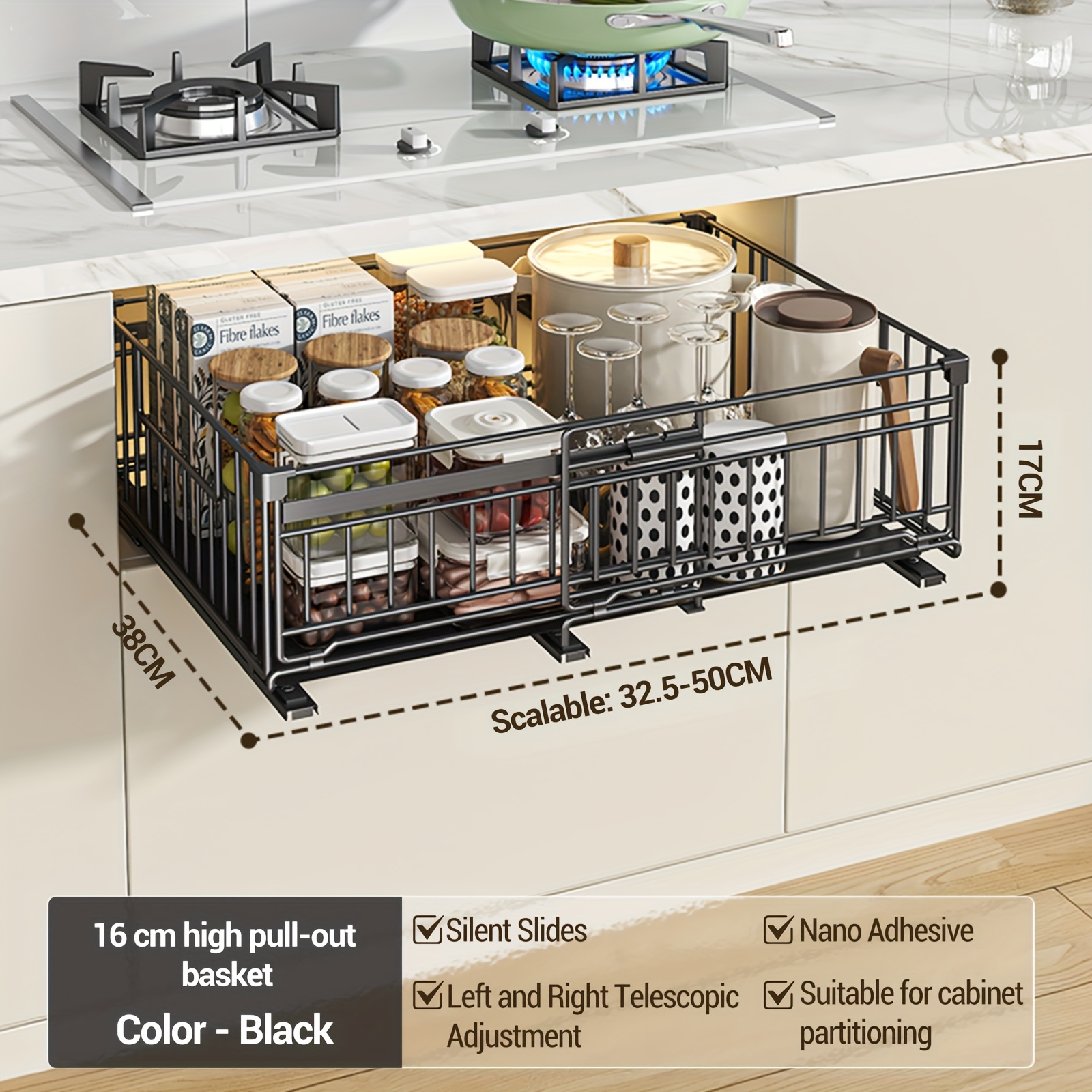 TEMU Extendable Pull-out Cabinet Storage Rack With Pull-out Shelves, Suitable For Kitchen Cabinets, Pantry, Or Wardrobe Clothing Storage.