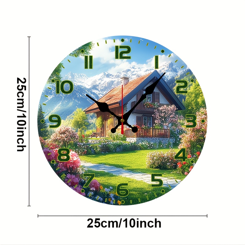 TEMU Forjn 10inch Modern Round Wall Clock With Landscape Backdrop - Silent Sweep Suitable For Living Room, Bedroom, Kitchen Decor, Artificial Wood