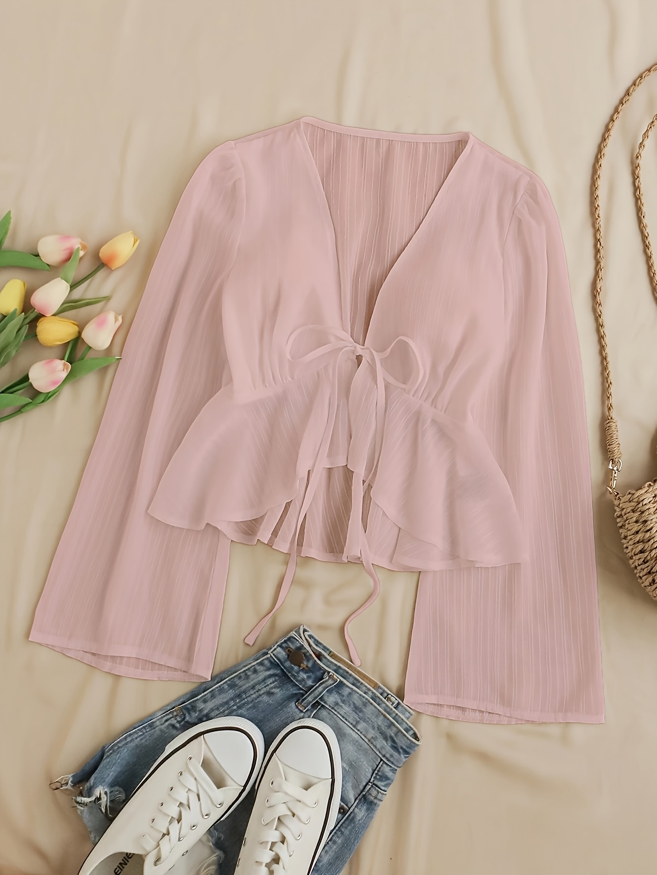 Elegant V-Neck Tie-Waist Blouse with Ruffled Sleeves and Lace Detail - Light Blue, Perfect for Spring/Summer, Adult Women'S Clothing, Casual Attire|Ruffled Sleeve Top|Lace Detail Top, Ladies Blouses