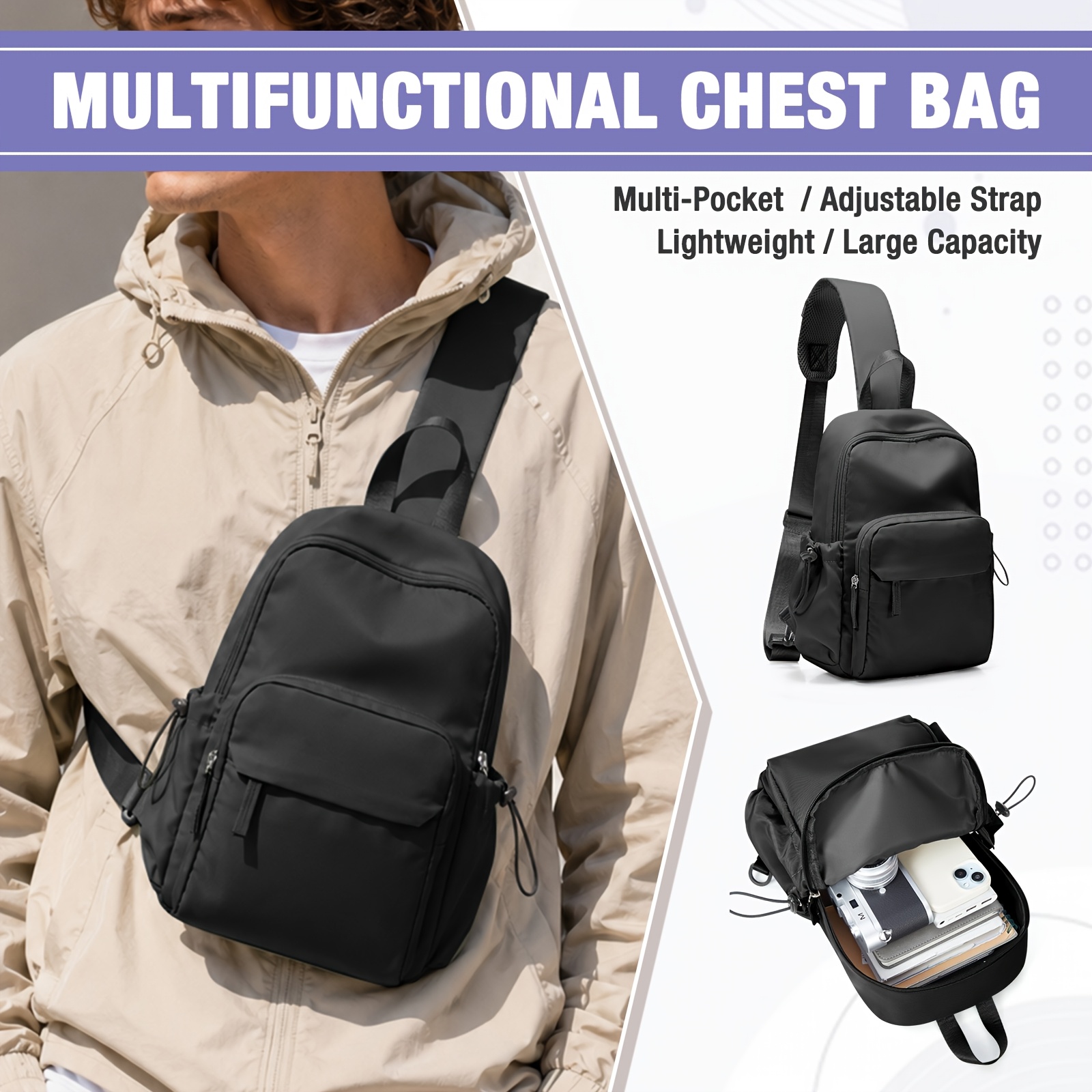 TEMU Multifunctional Chest Bag For , Travel Carry-on Bag, Women's Chest Bag, Men's Shoulder Bag, Lightweight Large-capacity Design, With Side Pockets