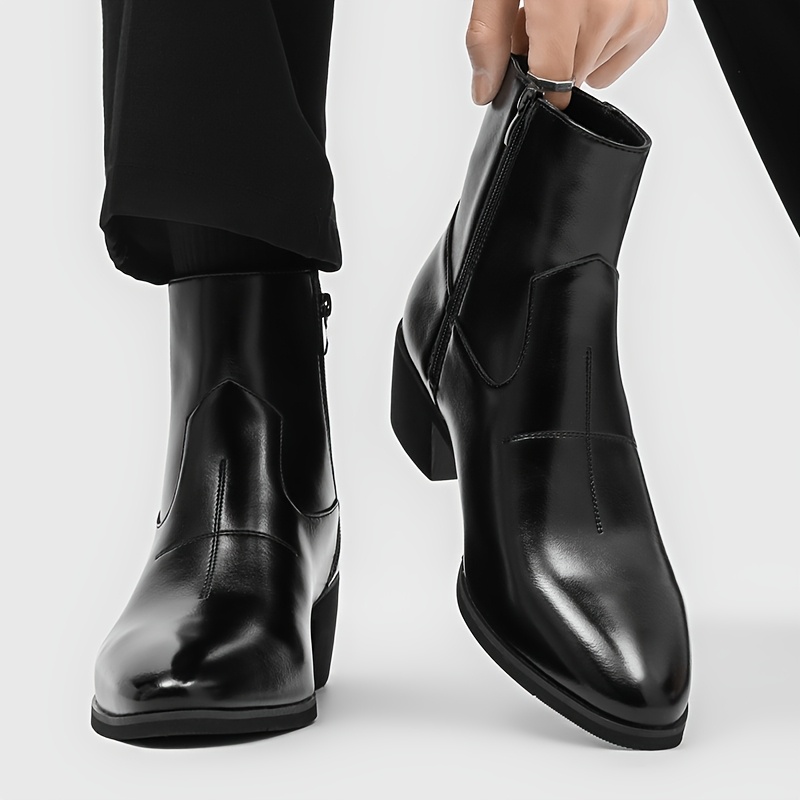 item picture niche design cross stitch high end mens chelsea boots with pointed toes chunky heels and zippers suitable for outdoor cycling hiking vacations street shows business events nightclubs rock music and everyday casual wear