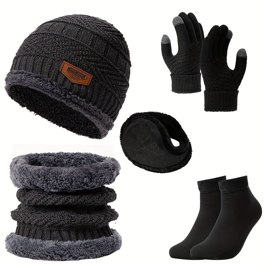 TEMU Winter Beanie Set With Plush Lining - Knit Hat, Gloves, Earmuffs & Non-slip Socks For Weather Protection