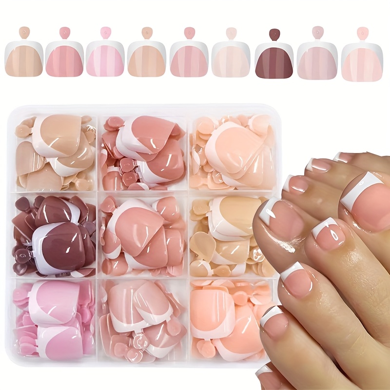TEMU 216pcs Toe Nail Press Ons French Tips Short Square Fake Toe Nails Artificial Toe Nail Tips, Colorful Full Cover Glossy Reused False Toenails 12