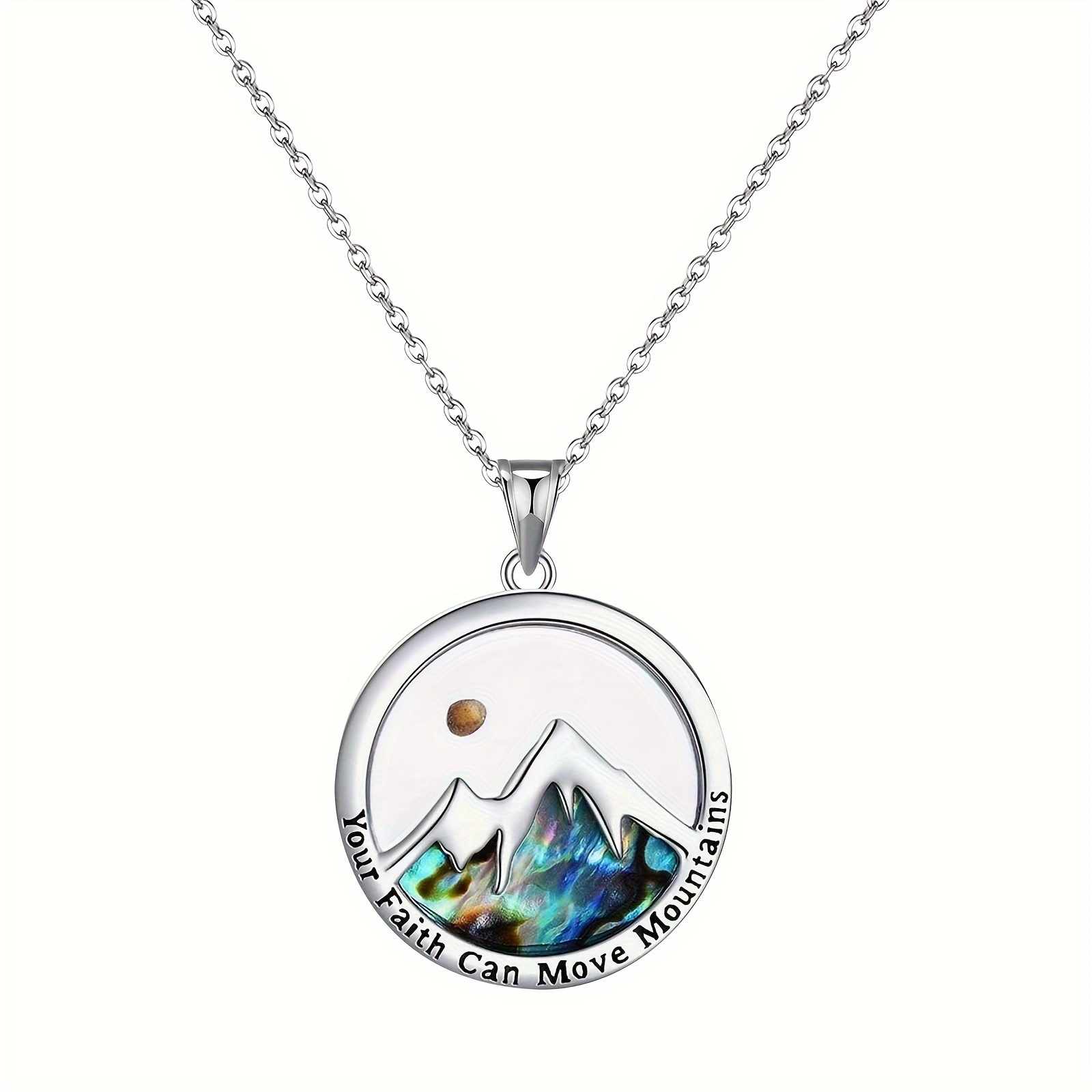 

Women's Mustard Seed Mountain Christian Necklace Colorful Abalone Shell "your Faith Can Move Mountains" Engraved Stainless Steel Round Pendant Inspirational Gift