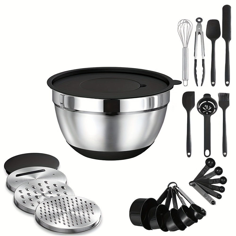 E-shop 22/32-teiliges Edelstahl-Schüssel-Set, mit Deckel und Reibe, stapelbar, rostfrei, geeignet zum Backen, Zubereiten, Kochen, Salatmischen,
