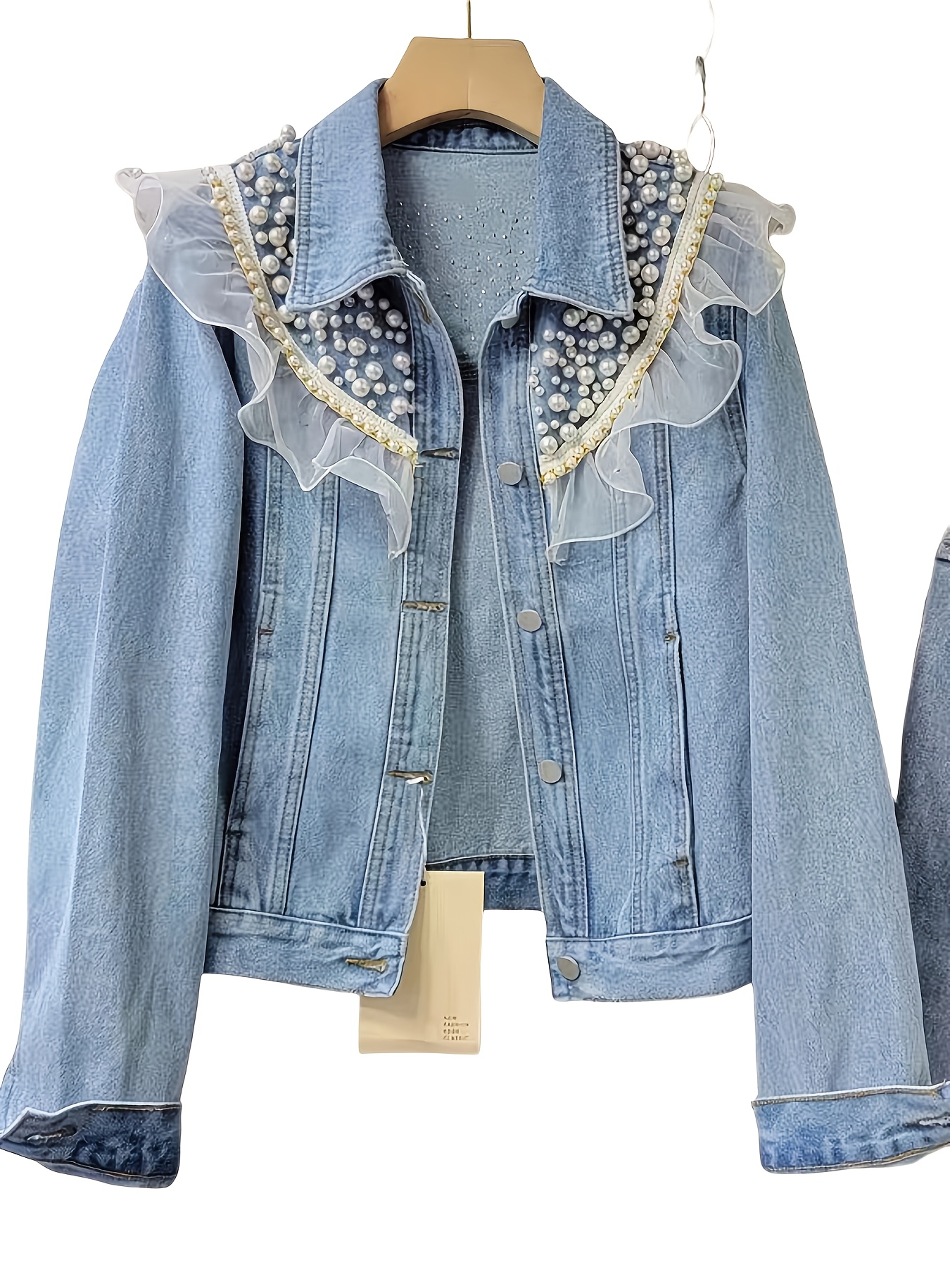 women's long sleeve denim jacket pearl lace trim casual Temu Poland