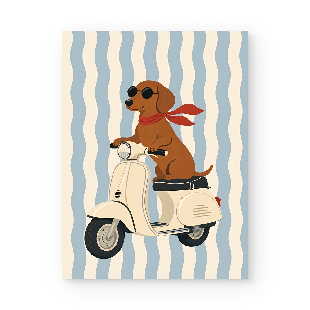 TEMU 2d Flat, Cute Dachshund Riding Scooter Poster - Retro Vertical Wall Art Print Suitable For Kids Room Decor, Wavy Striped Dog Picture, Unframed