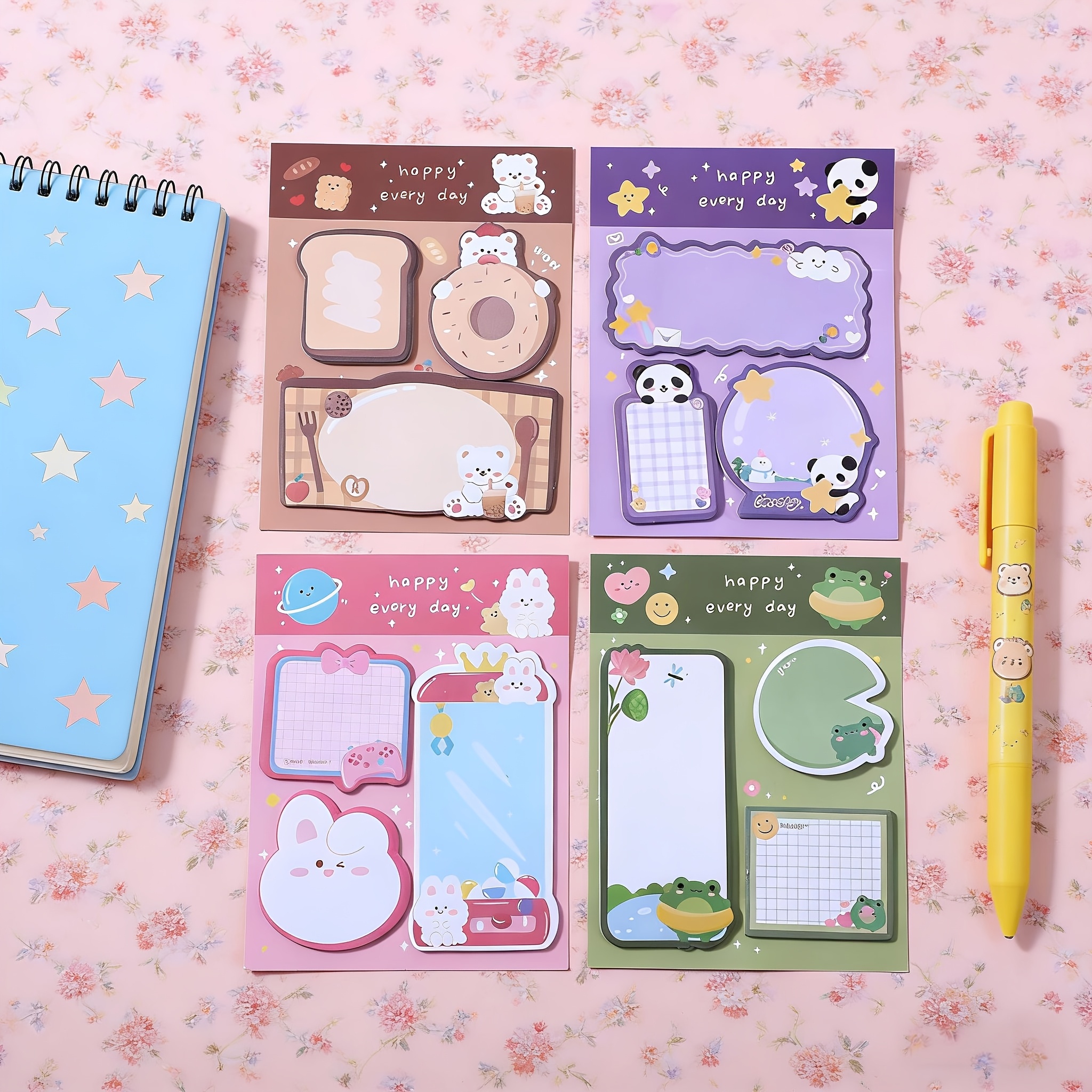 E-shop 4er-Pack Haftnotizen Kawaii Tier-Notizzettel-Set, 240 Blatt, Tierförmige Markierungen, Fähnchen, selbstklebende Notizblöcke, Kawaii kleiner