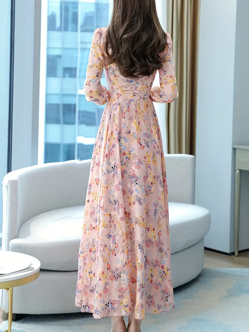bowknot v neck floral chiffon dress fashionable and casual long sleeved waist wide hem bohemian style printed long skirt Product details 3