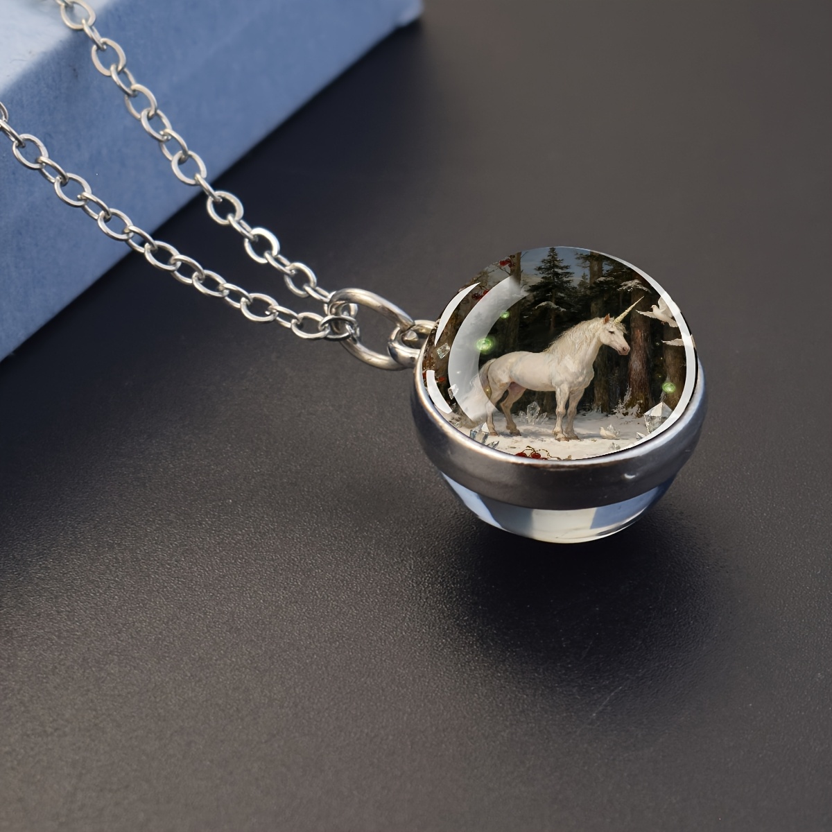TEMU 1pc Collier Pendentif Boule en Verre Double Face de Forêt Licorne Cadeau de Fête pour Elle Bijou Accessoire de Mode Collier Charme