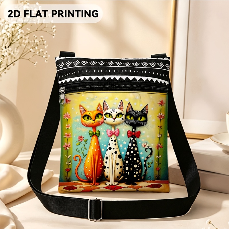 TEMU Borsa a tracolla piatta 2D per con tracolla regolabile e chiusura a zip, stampa di tre dei animati, geometriche etniche, borsa a tracolla per il