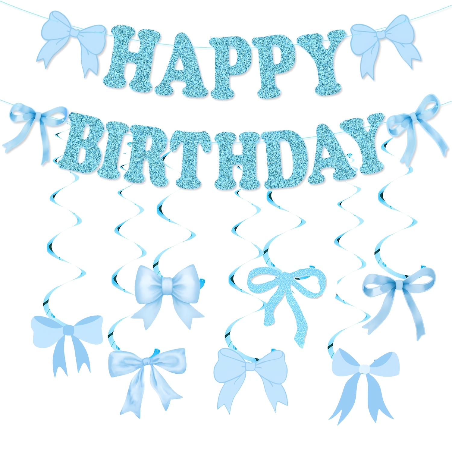 Image of 1 Set Includes [1 Pull Flag + 7 ] Blue And White Bow Birthday Party Decoration Set, With Happy Birthday Banner Garland, Suitable For Weddings, Bridal Showers, Birthday Parties, Bachelor Parties And