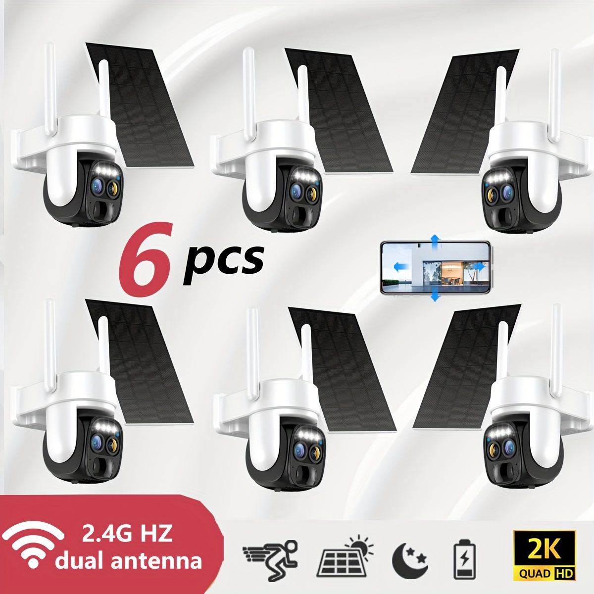 

6pcs 2k Solar-powered Dual-lens Security Camera, 360° Pan-tilt, 10x , Pir Motion Detection, Audio, Color Night Vision