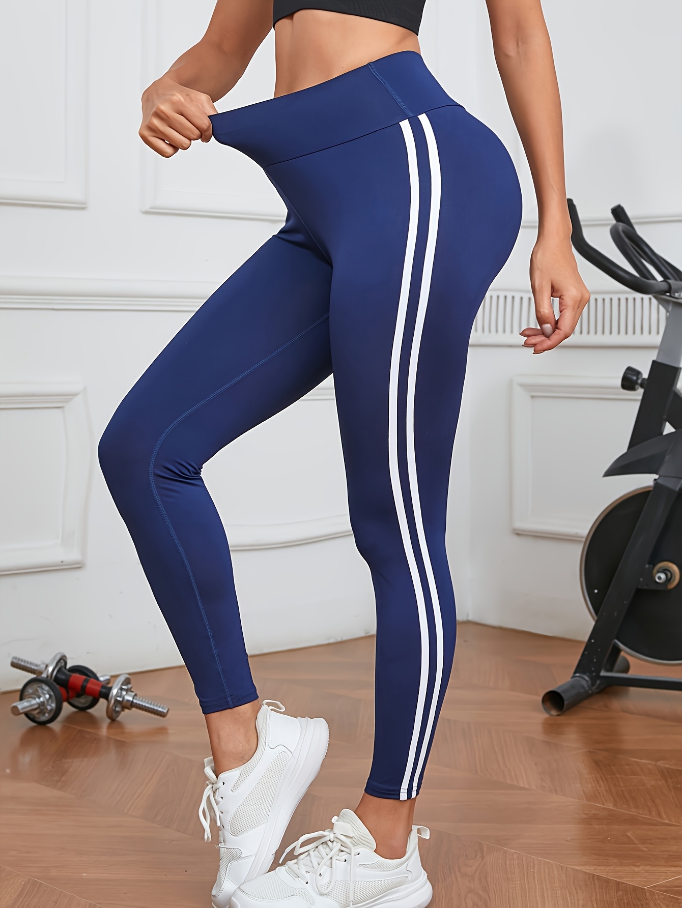 women's high waisted skinny fit leggings side stripes navy Temu