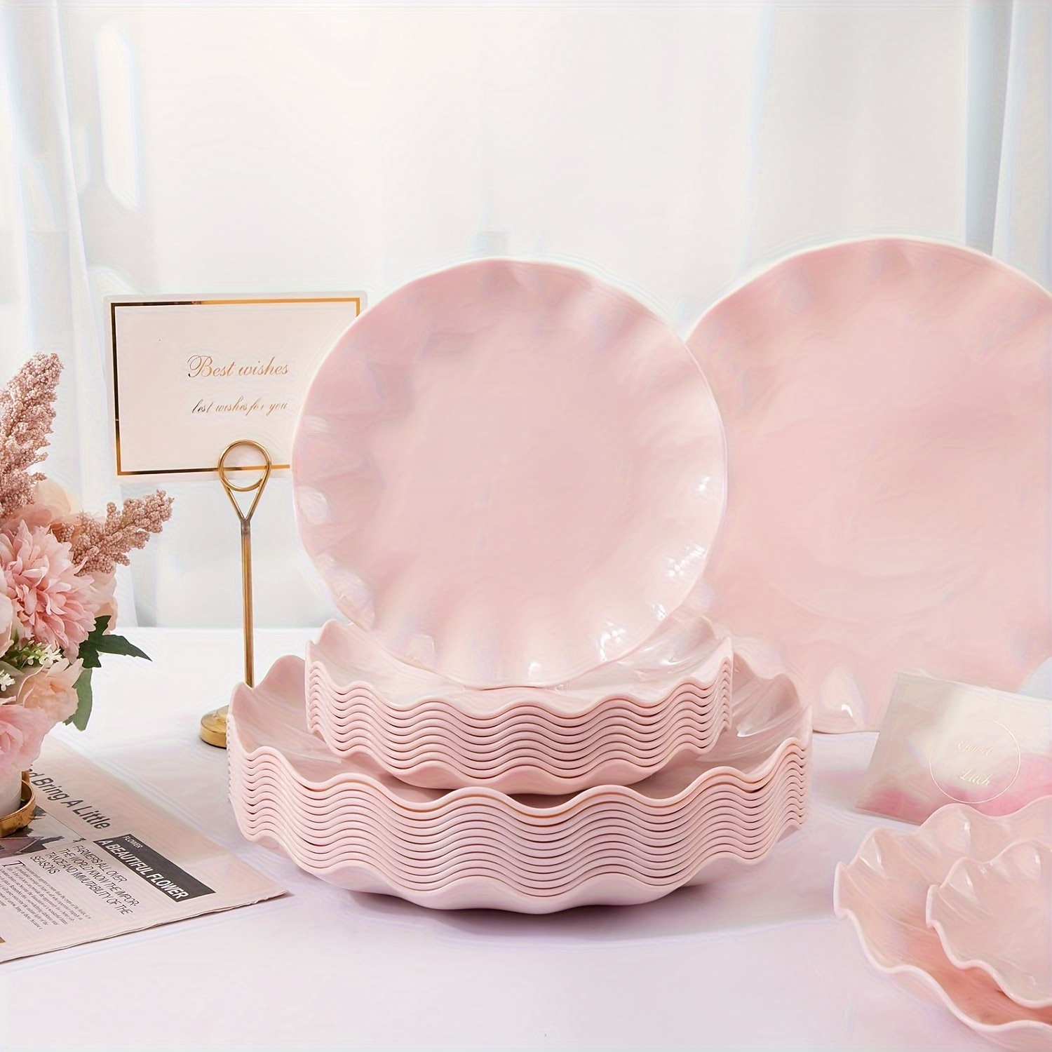 

24pcs, Pink Plates, Reusable Unbreakable Dinner Plates And Salad Plates, Plastic Durable And Microwave Dishwasher Safe, Light Weight Daisy Plastic Plates For Wedding, Party, Birthday