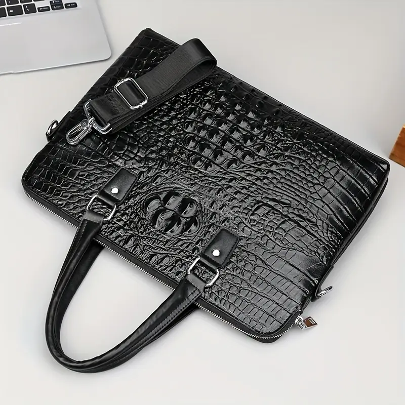 mens cowhide leather briefcase large capacity business crossbody bag with adjustable shoulder strap crocodile embossed texture zipper closure for work travel commuting Product details 7