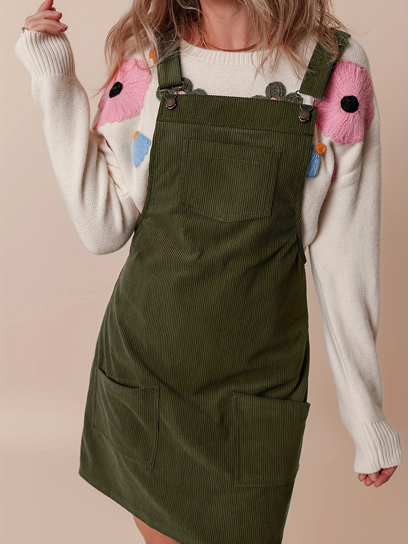 Elegant Corduroy Overalls Dress for Women, Solid Color, Sleeveless, Woven,  with Front Pockets, for Spring/Fall Adult Pinafore Dress with Square