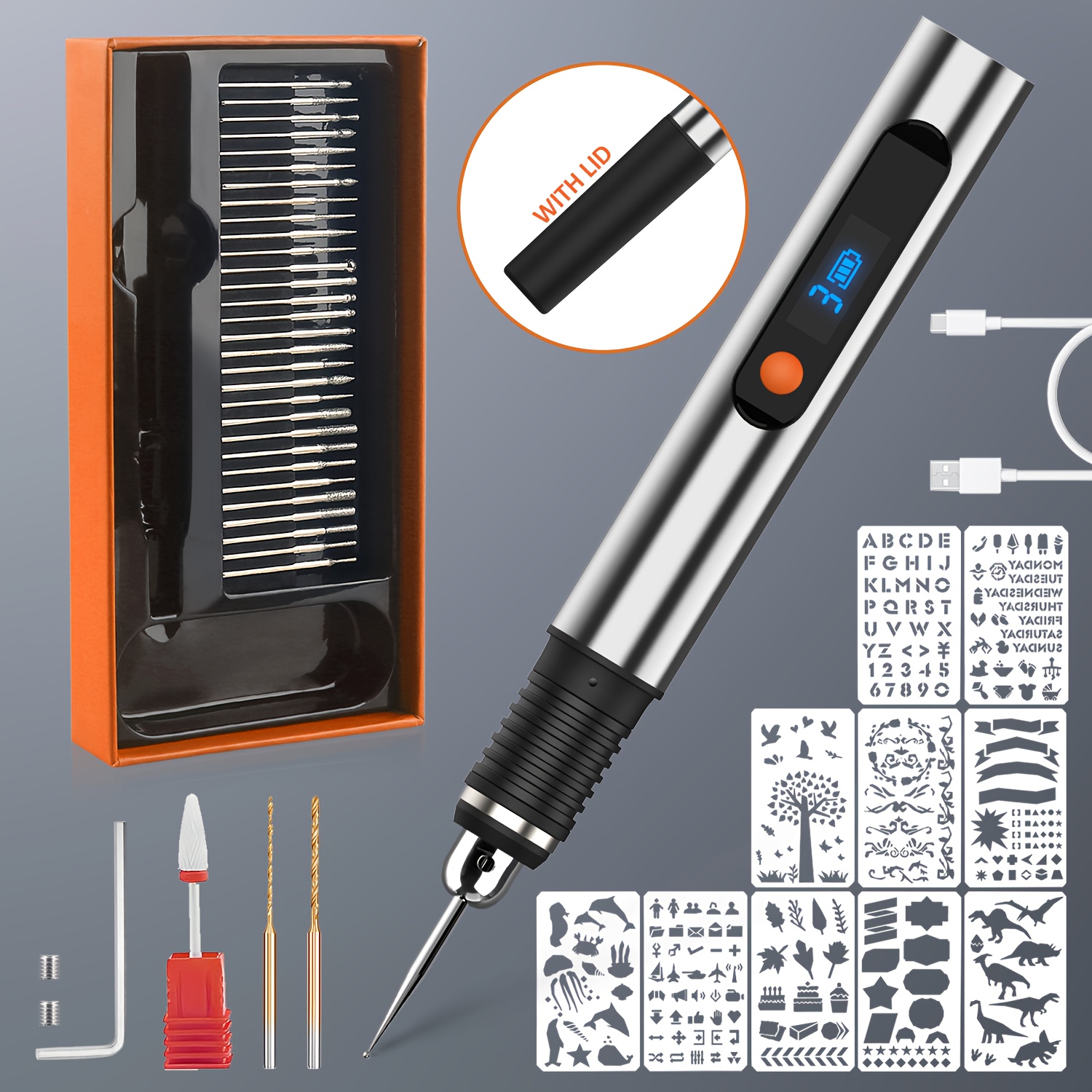 2026 new portable metal carving tool set with 33 drill bits and 10 templates rechargeable beginner friendly carving pen for metal   and plastic ideal for mothers day gift making