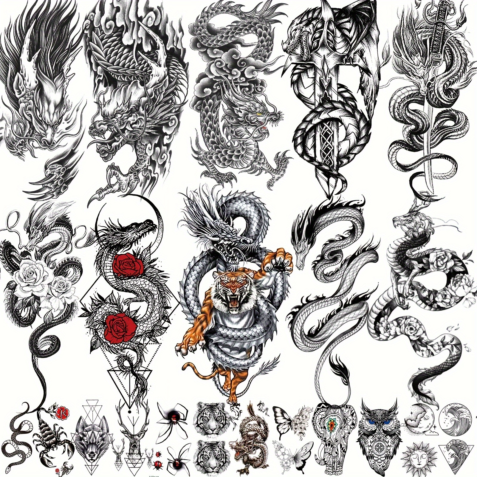 

22 Pieces Of Cool Dragon Temporary Tattoos For Men And Women: 10 Large Dragons And 12 Small Animals - Perfect For Arm And Leg - Waterproof Temporary Tattoos For Body Art