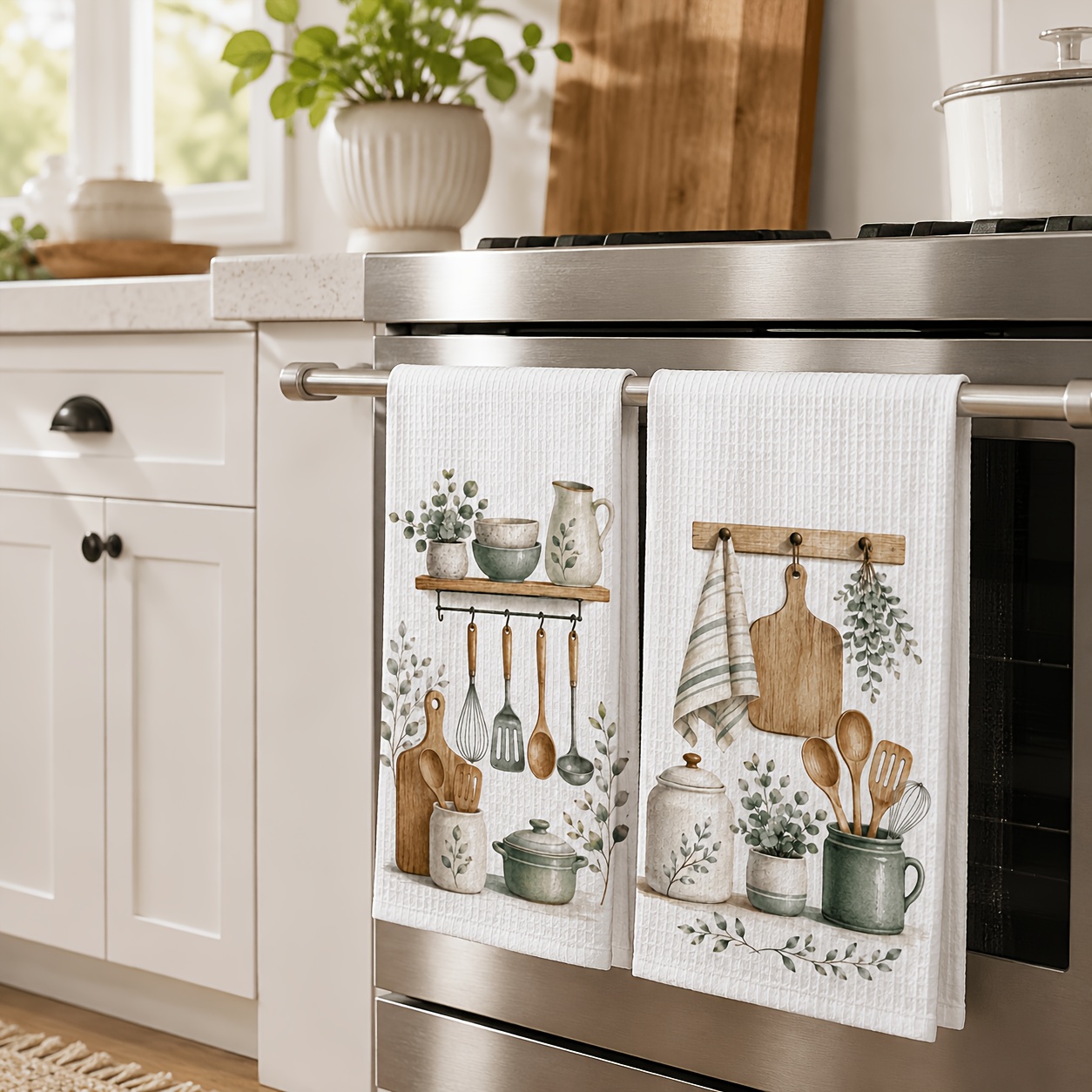 TEMU Set Of 2 Farmhouse Kitchen Towels, Watercolor Greenery And Kitchenware Dish Towels, Absorbent Decorative Hand Towels For Cooking And Cleaning