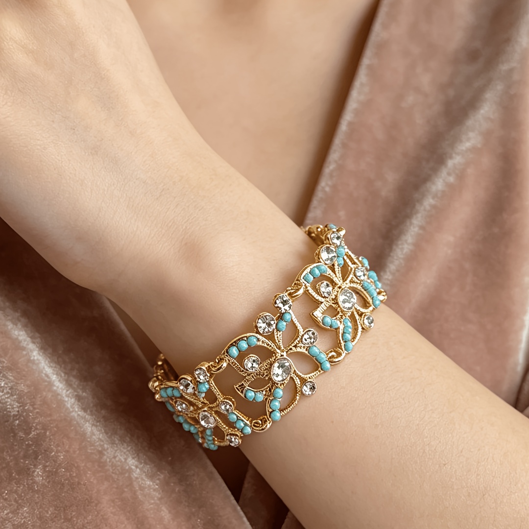 TEMU 1pc Style Hollow Leaf Moss Stone Zirconia Bangle Suitable For Women's Evening Banquet Temperament Dressing Wear