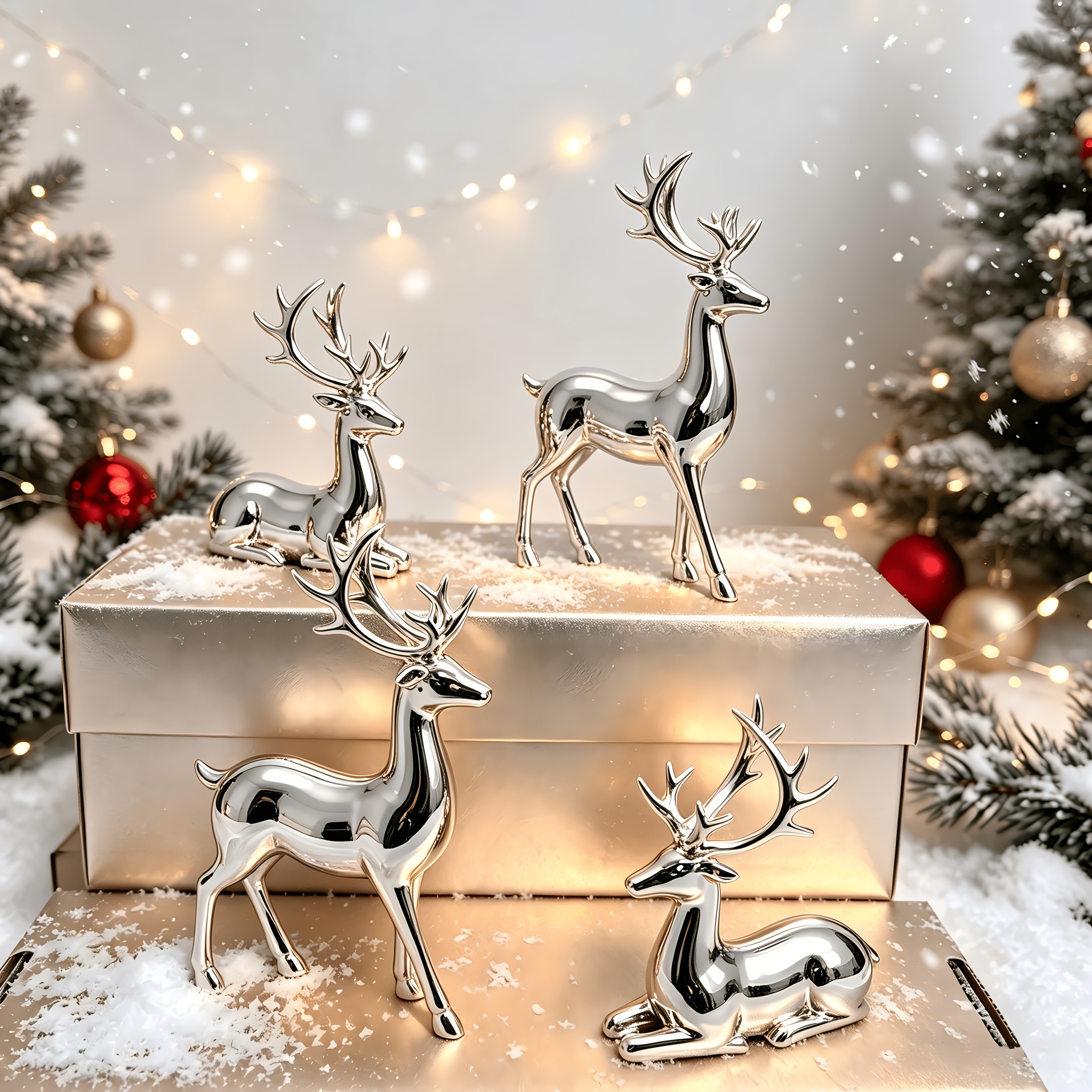 TEMU 4pcs Set Of Silver-plated Reindeer Ornaments, Glossy Metallic Texture Moose Statues, 2 Reclining 2 Standing Styles Desktop Decorations, Suitable