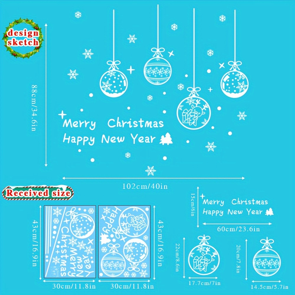Christmas Electrostatic Window Stickers, Traceless And Easy-to-tear Window Decorations - Pcv Material -- Navidad - Glass Ball Graphics. Snowflake. Elk Snow Elements "merry Christmas" Characters