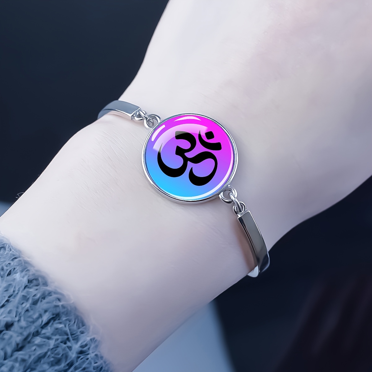 Gradient Purple Blue Om Symbol Glass Dome Bangle Bracelet