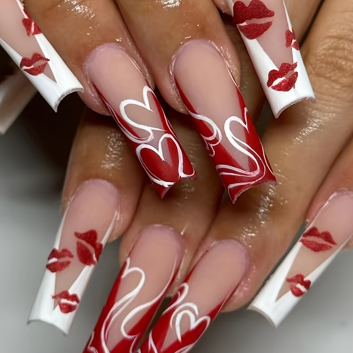 

24pcs Long Coffin Press-on Nails Set, Love Heart & Red Lips Design, Full Nail Kit With File And Jelly Glue For Women And Girls