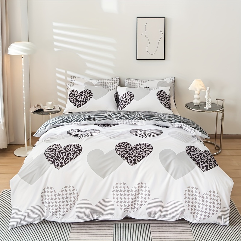 3pcs Heart Leopard Print Printed Duvet Cover Set