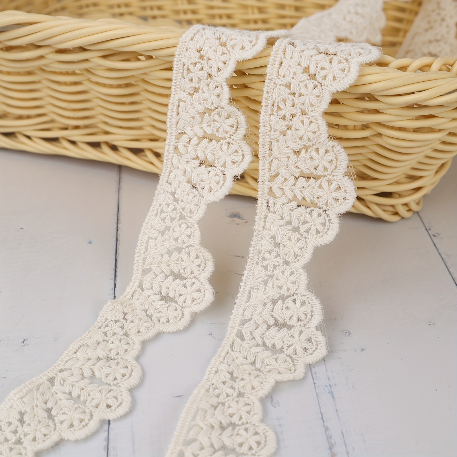 Image of 1 Yard Beige Lace Ribbon, Embroidered Flower Trim, Fabric Lace For Diy Crafts, Clothing Decoration, Sewing Projects