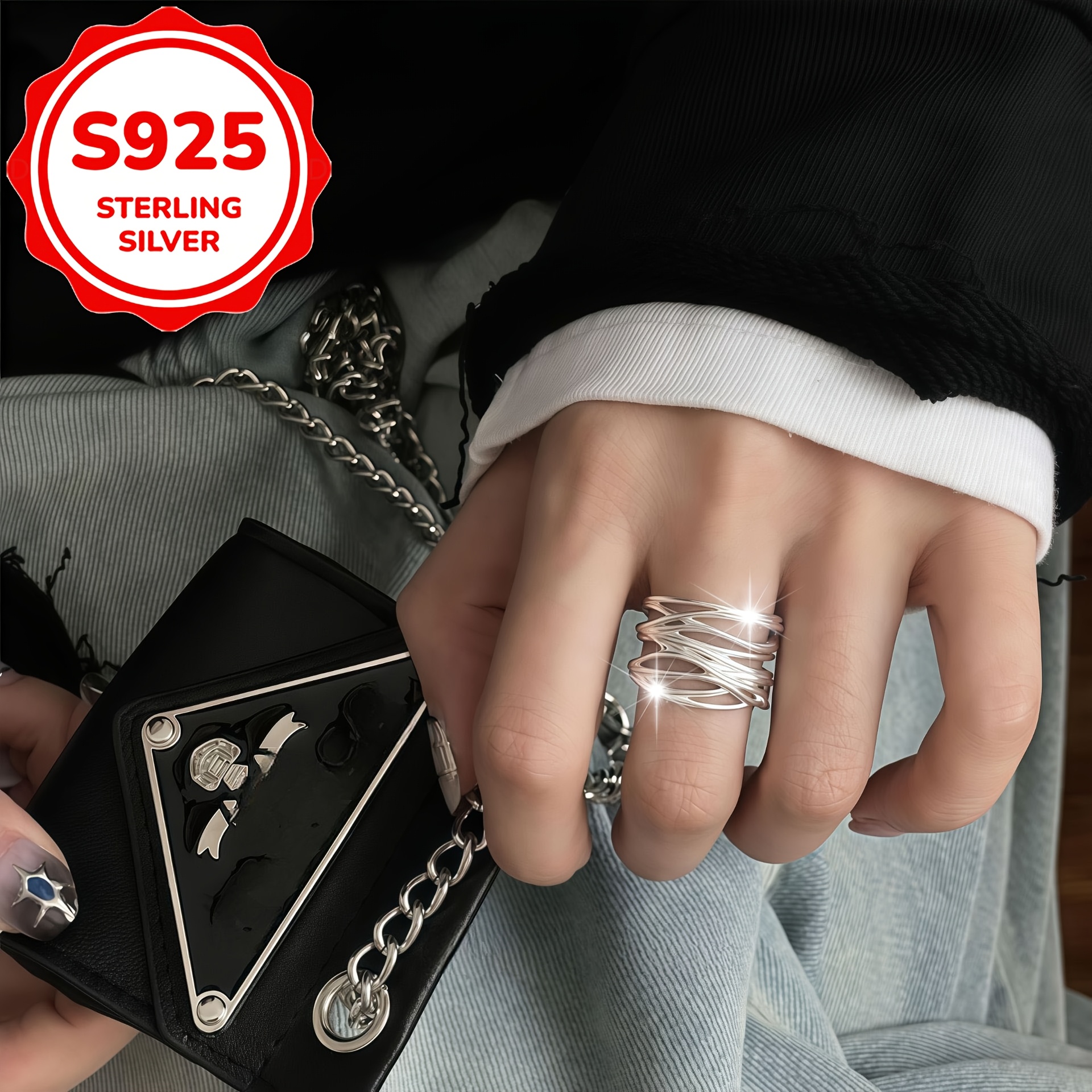 Women's S925 Silver Geometric Line Cross Entanglement Ring