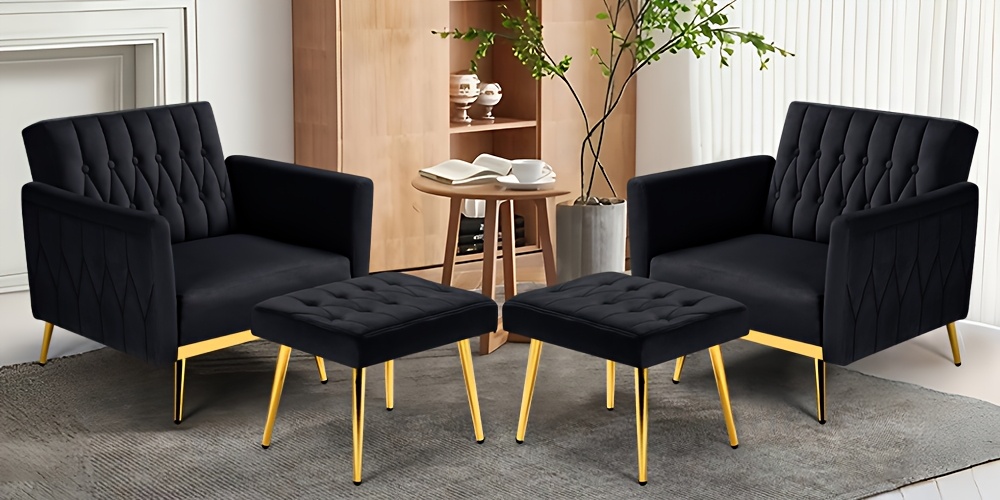 [Velvet Accent Chair] ACMEASE Velvet Single Accent Chair | Adjustable Armrests & Backrest, Button Tufted Lounge Recliner with Ottoman & Pillow for Living Room, Bedroom, Study Room