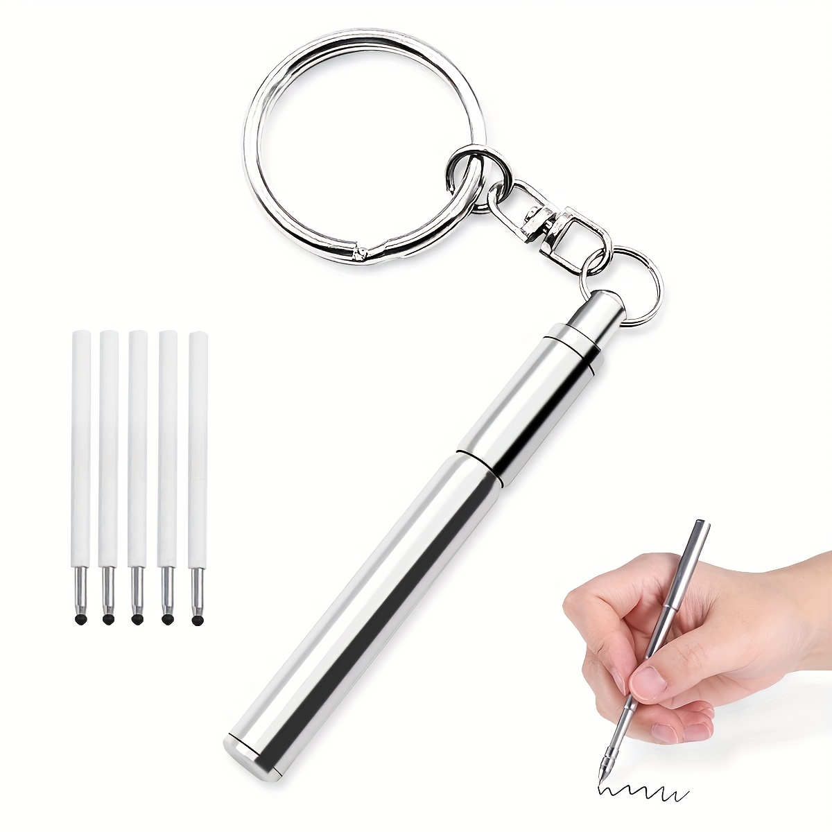 Image of Stainless Steel Retractable Pen Keychain, Portable Mini Ballpoint Pen Keychain, Creative Office Supplies, Unisex Gift For Men And Women