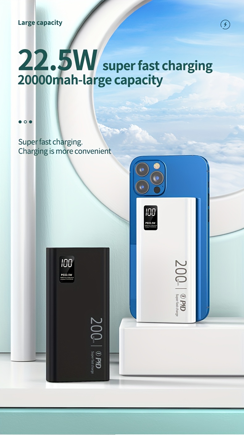 22.5W Fast Charging 20000mAh Portable Power Bank with PD20W Dual Input & Triple Output, USB-C Fast Charging, Compact Design for Smartphones, Tablets, Cameras, Drones, and More, Portable Charger, Tablet Charging Solution, Modern Accessory, Durable Construction, Power Bank Fast Charging, Power Bank For Phone, Power Bank High Power, Power Bank Original, Power Bank With High Capacity