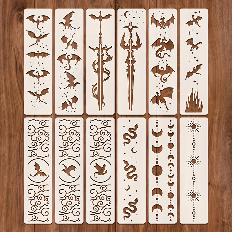 E-shop 12 Mittelalterliche Fantasy Malvorlagen - Drachen, Schwerter, Fledermäuse, Monde, Sterne, Wirbel - Wiederverwendbare Große 3.15X11.8 Zoll