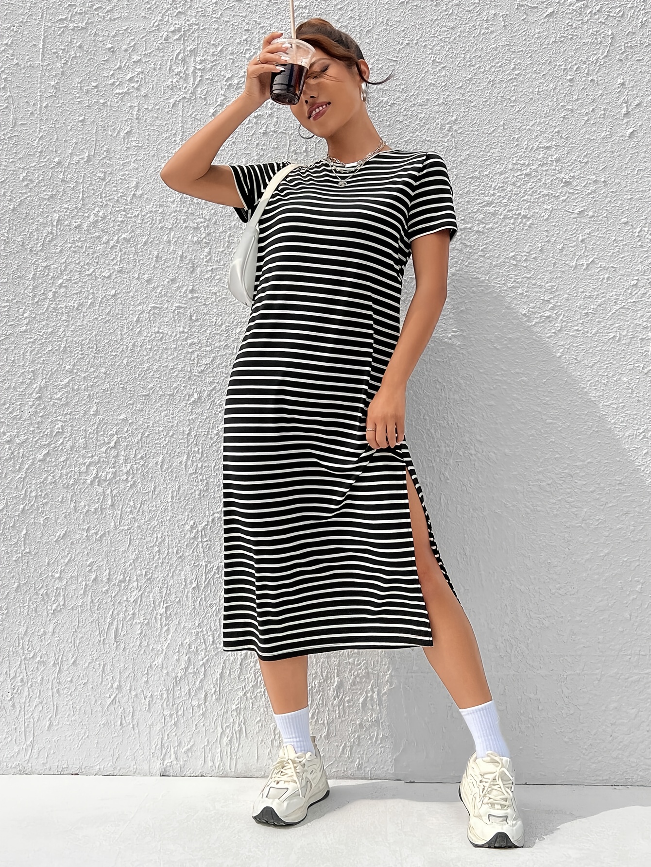 knee length dresses for ladies EVERYDAY ESSENTIALS CREW NECK MIDI T-SHIRT DRESS WITH SIDE SLIT IN MOC –  Love Marlow