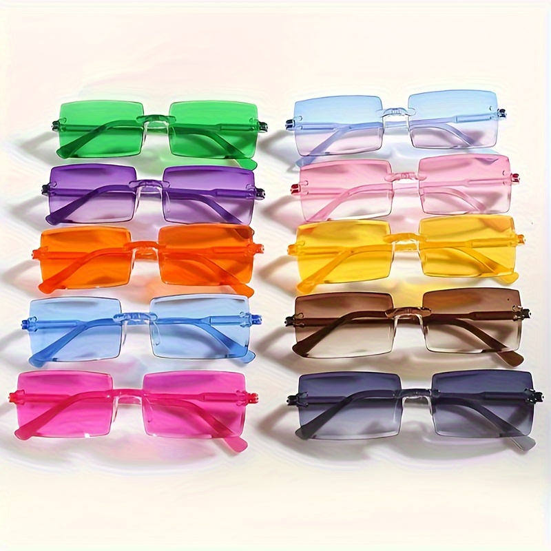 

10pcs Candy-colored Rectangular Rimless Fashion Glasses - Hip Hop Fashion For Beach Parties, Clubbing & Music Festivals