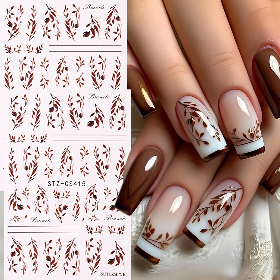 TEMU 2pcs Autocollants pour Ongles Branche Marron Vintage Automne Feuille Autocollants pour Ongles Faciles à Appliquer pour Manucure