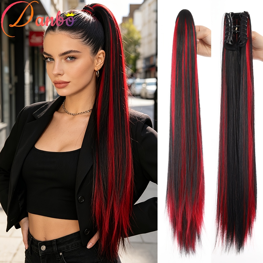 TEMU 24 Inch Claw Clip Long Straight Ponytail Hair Extension Vibrant Clip-on Synthetic Ponytail Hair Extensions - Straight Multicolor Highlights In