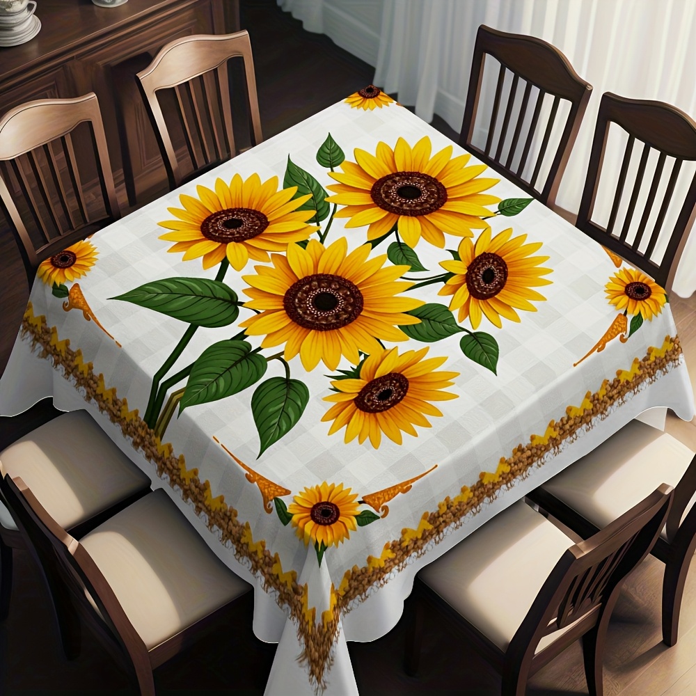 TEMU 1pc Sunflower Party Tablecloth - 1pc, Durable Polyester, Vibrant Yellow And Orange Sunflower Design With Green Leaves, White Background, Perfect