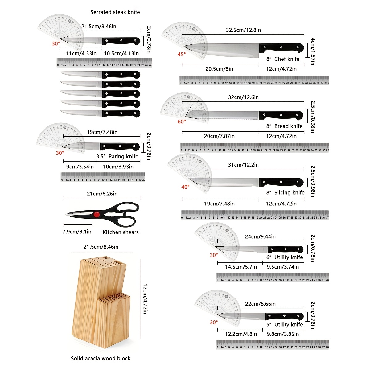 15pcs Kitchen Knife Set with Solid Wood Block, Suitable for Cutting And Mixing Meat, Fruits, Vegetables And Other Foods [ Collectible Level ] Kitchen Knives 15pcss Set | Gift BOX Solid WOOD Base | Edge Treatment Maintenance Set | Family Quality