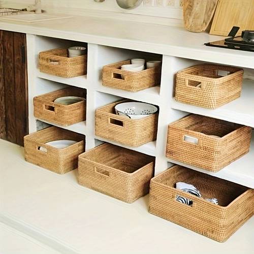 1pc woven storage basket multipurpose rectangular organizer bins vintage style for coffee table and desk organization